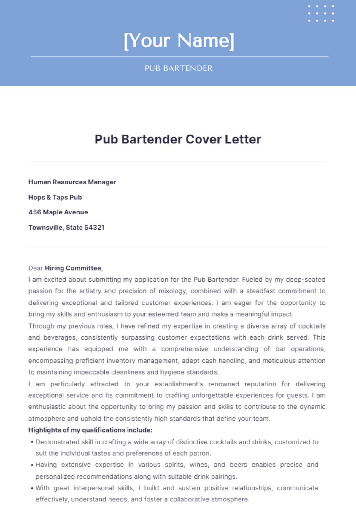 Pub Bartender Cover Letter