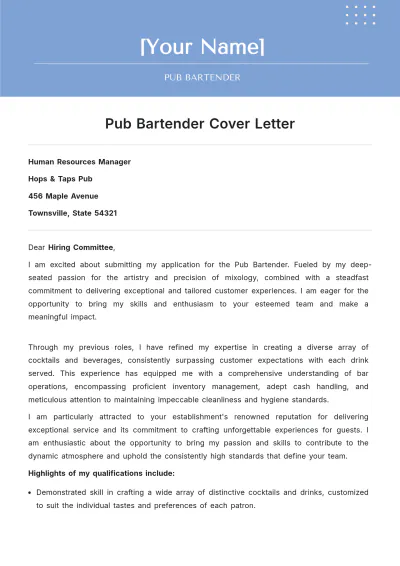 Free Pub Bartender Cover Letter to Edit Online