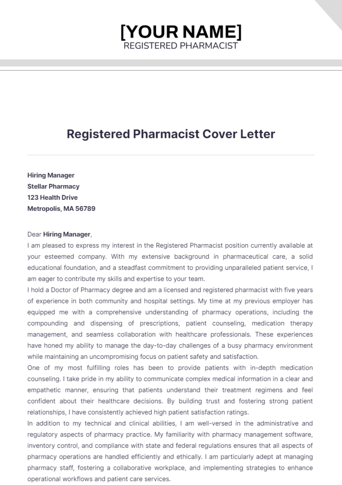 Registered Pharmacist Cover Letter