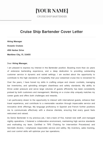 Free Cruise Ship Bartender Cover Letter to Edit Online