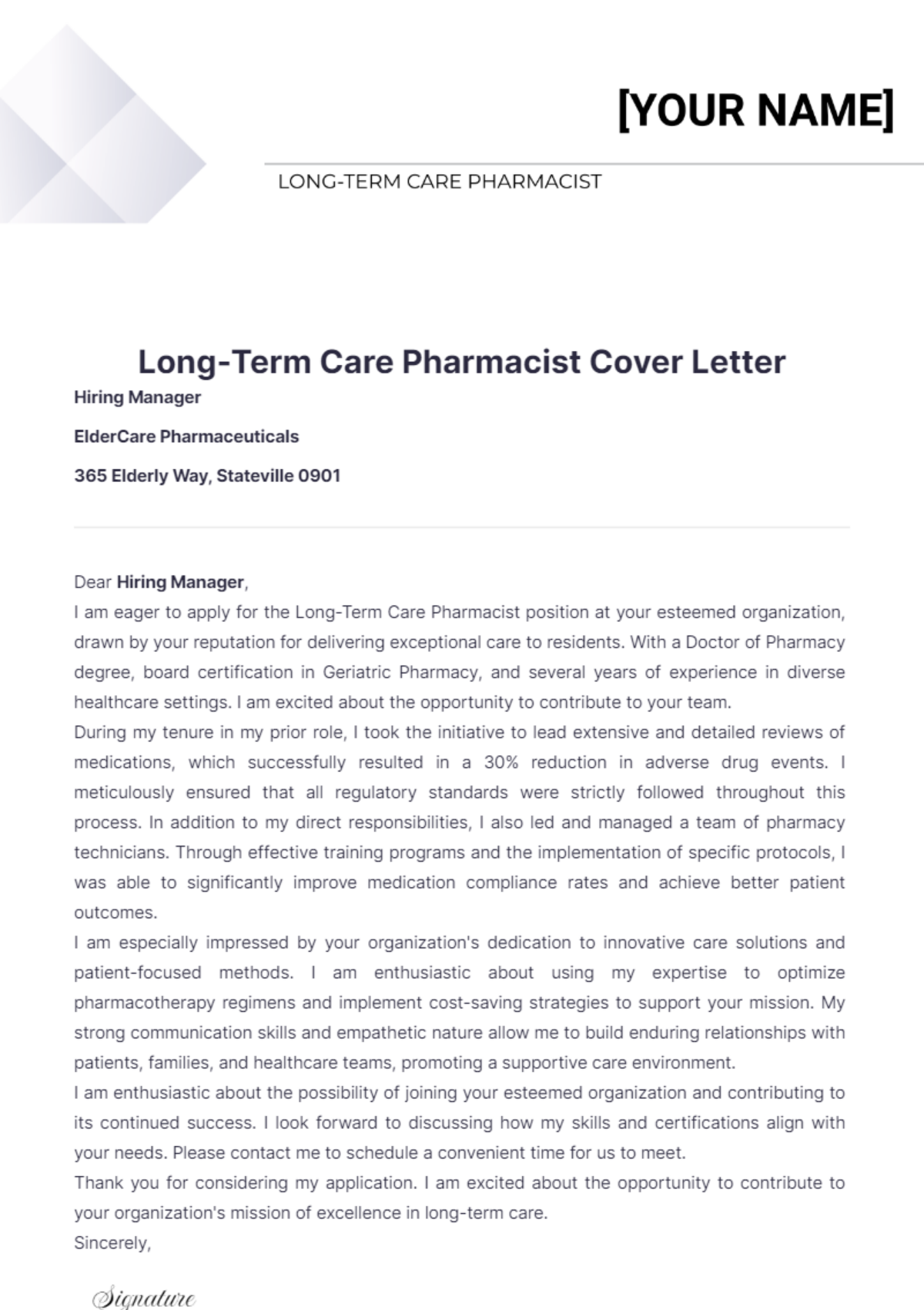 Long-Term Care Pharmacist Cover Letter - Edit Online & Download