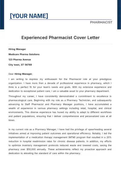Free Experienced Pharmacist Cover Letter to Edit Online