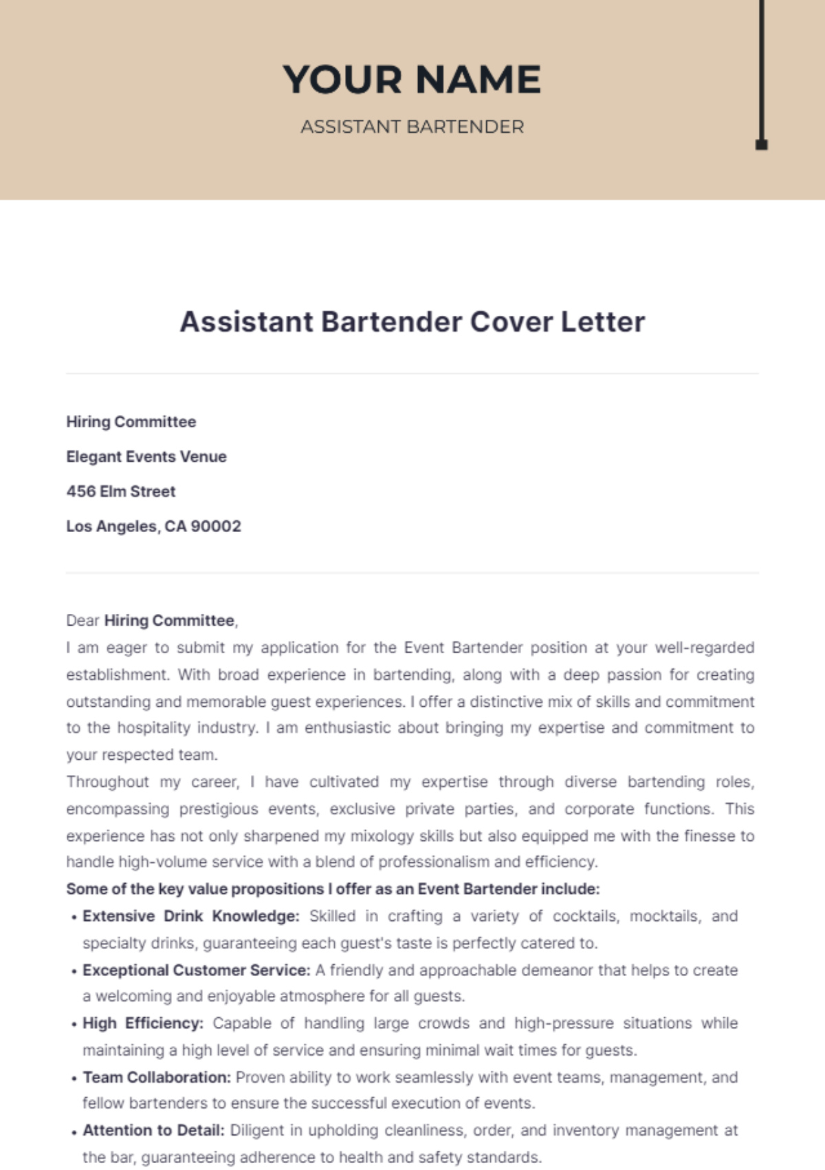 Assistant Bartender Cover Letter