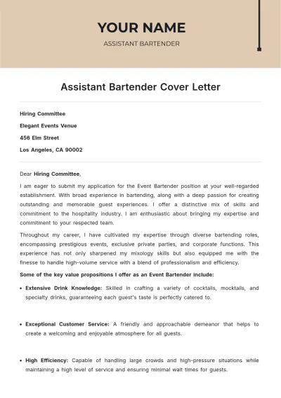 Free Assistant Bartender Cover Letter to Edit Online