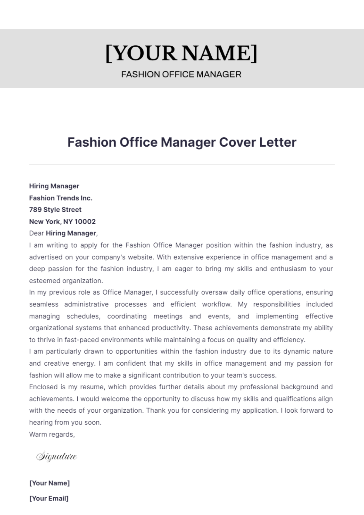 Fashion Office Manager Cover Letter