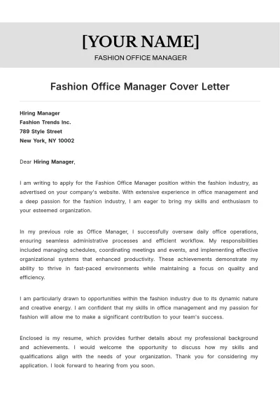 Free Fashion Office Manager Cover Letter to Edit Online
