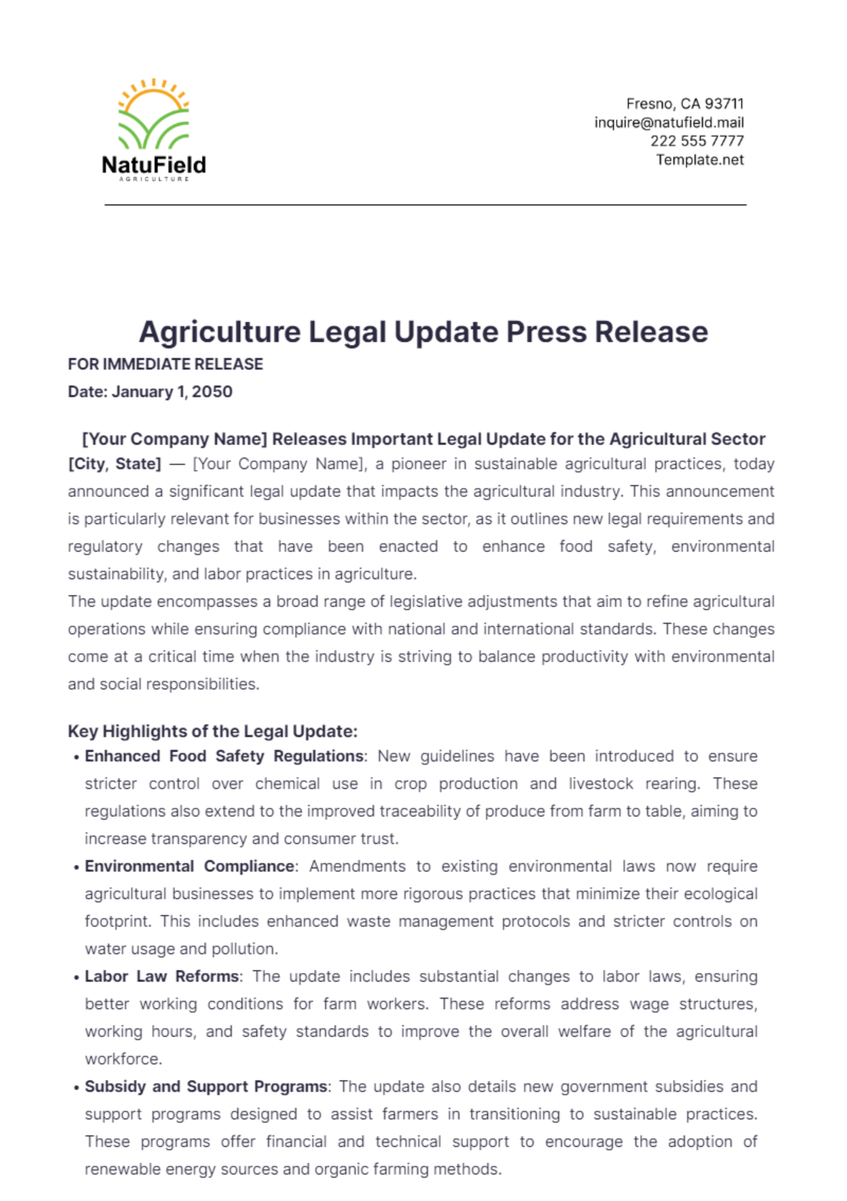 Agriculture Legal Update Press Release Template - Edit Online & Download