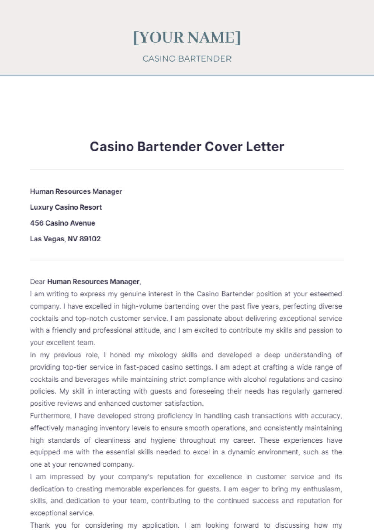 Casino Bartender Cover Letter