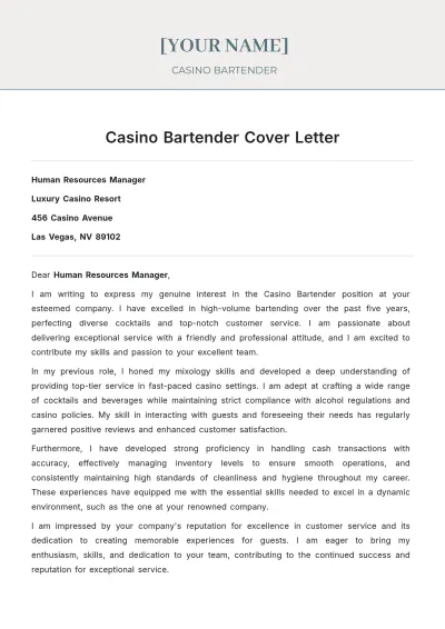 Free Casino Bartender Cover Letter to Edit Online