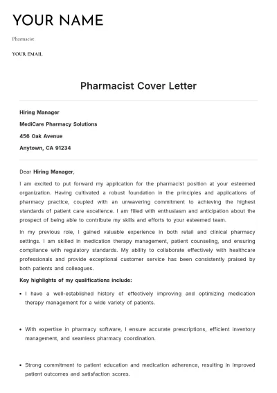 Free Pharmacist Cover Letter Template to Edit Online