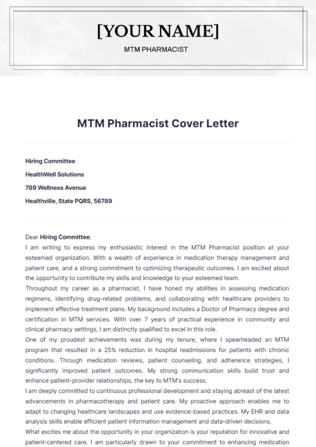 MTM Pharmacist Cover Letter