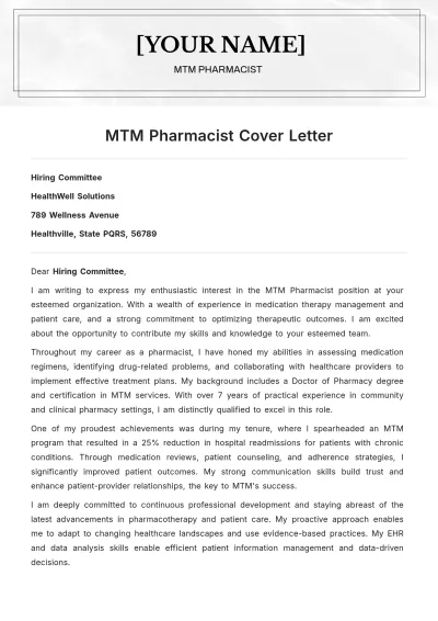 Free MTM Pharmacist Cover Letter to Edit Online