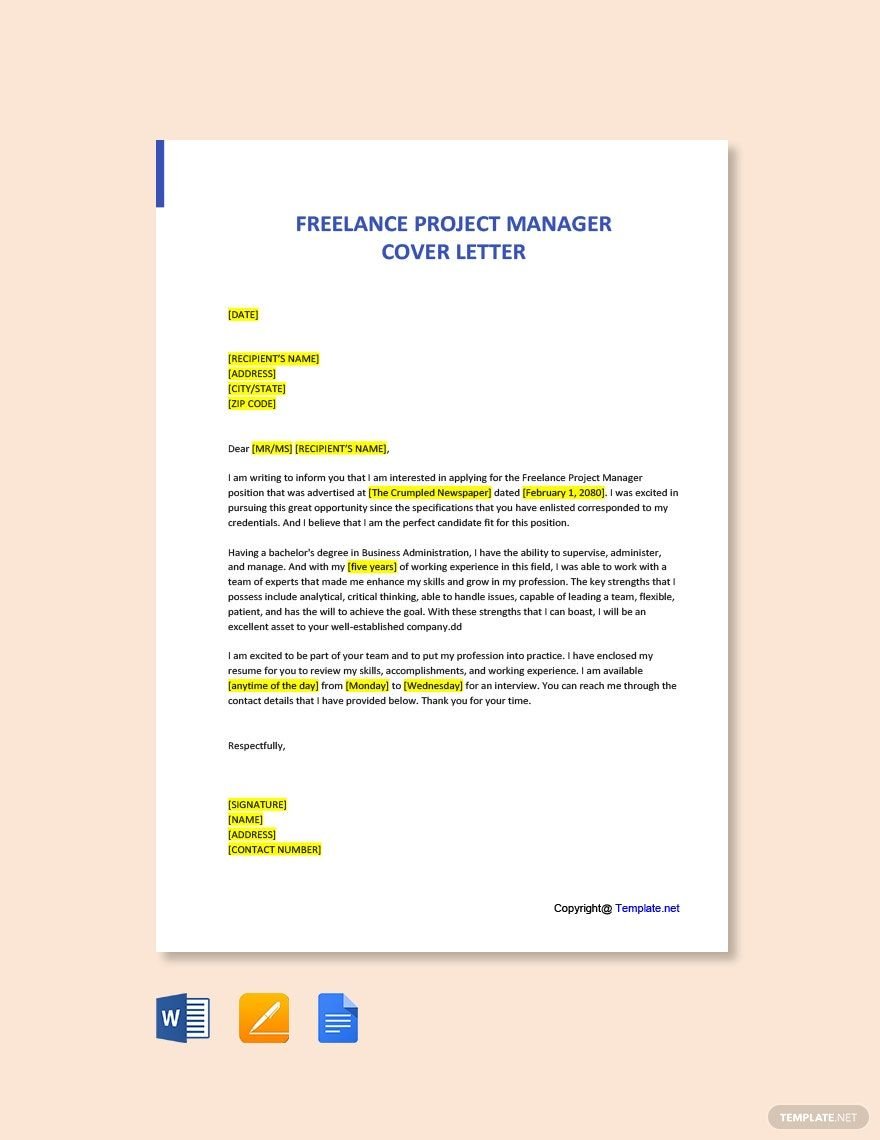 Freelance Project Manager Cover Letter Template