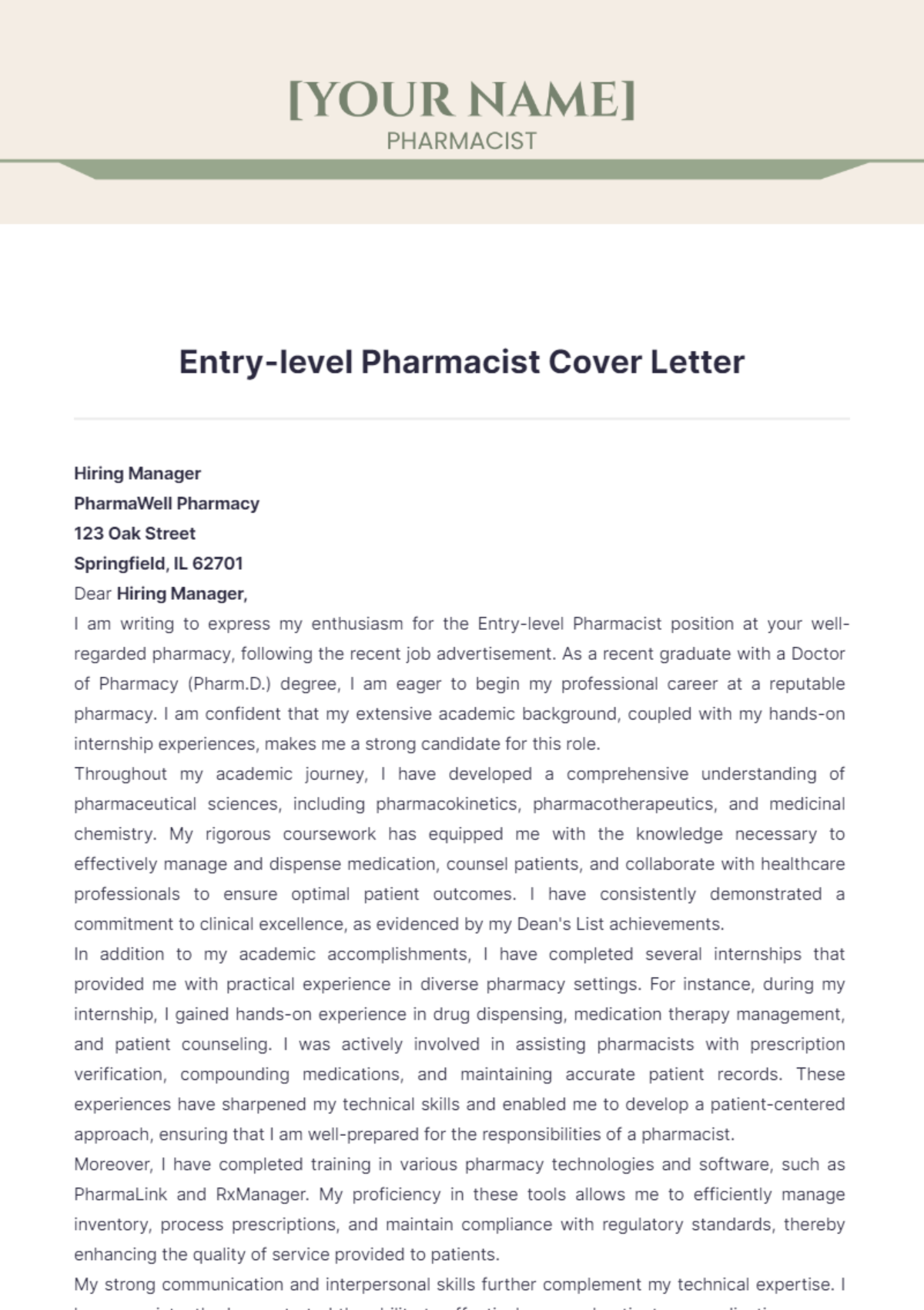 Entry-Level Pharmacist Cover Letter