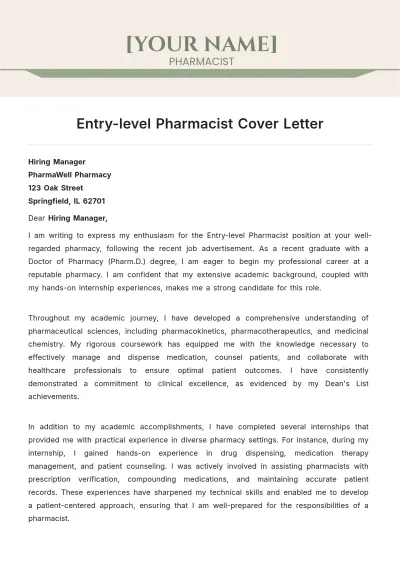 Free Entry-Level Pharmacist Cover Letter to Edit Online