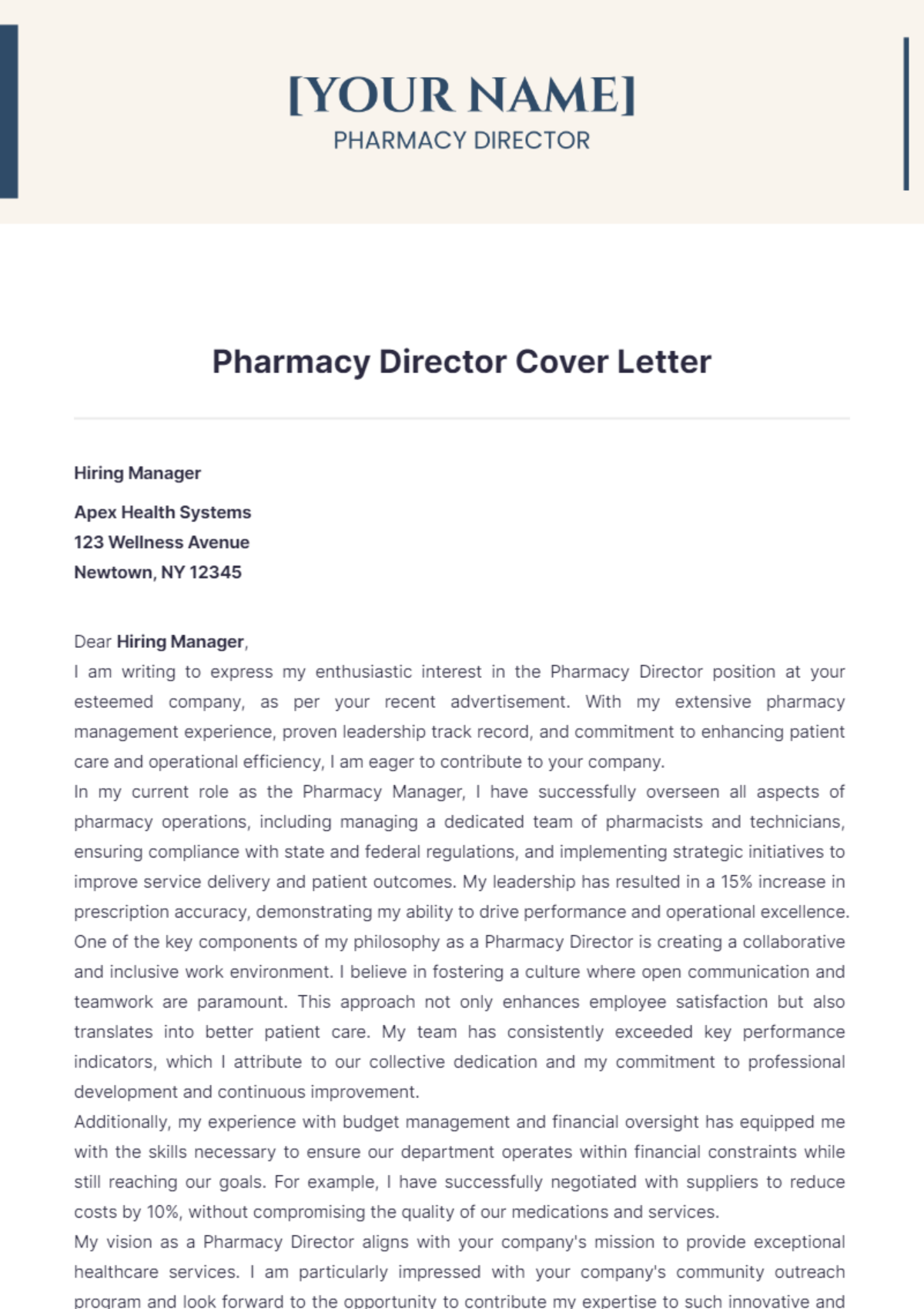 Pharmacy Director Cover Letter - Edit Online & Download