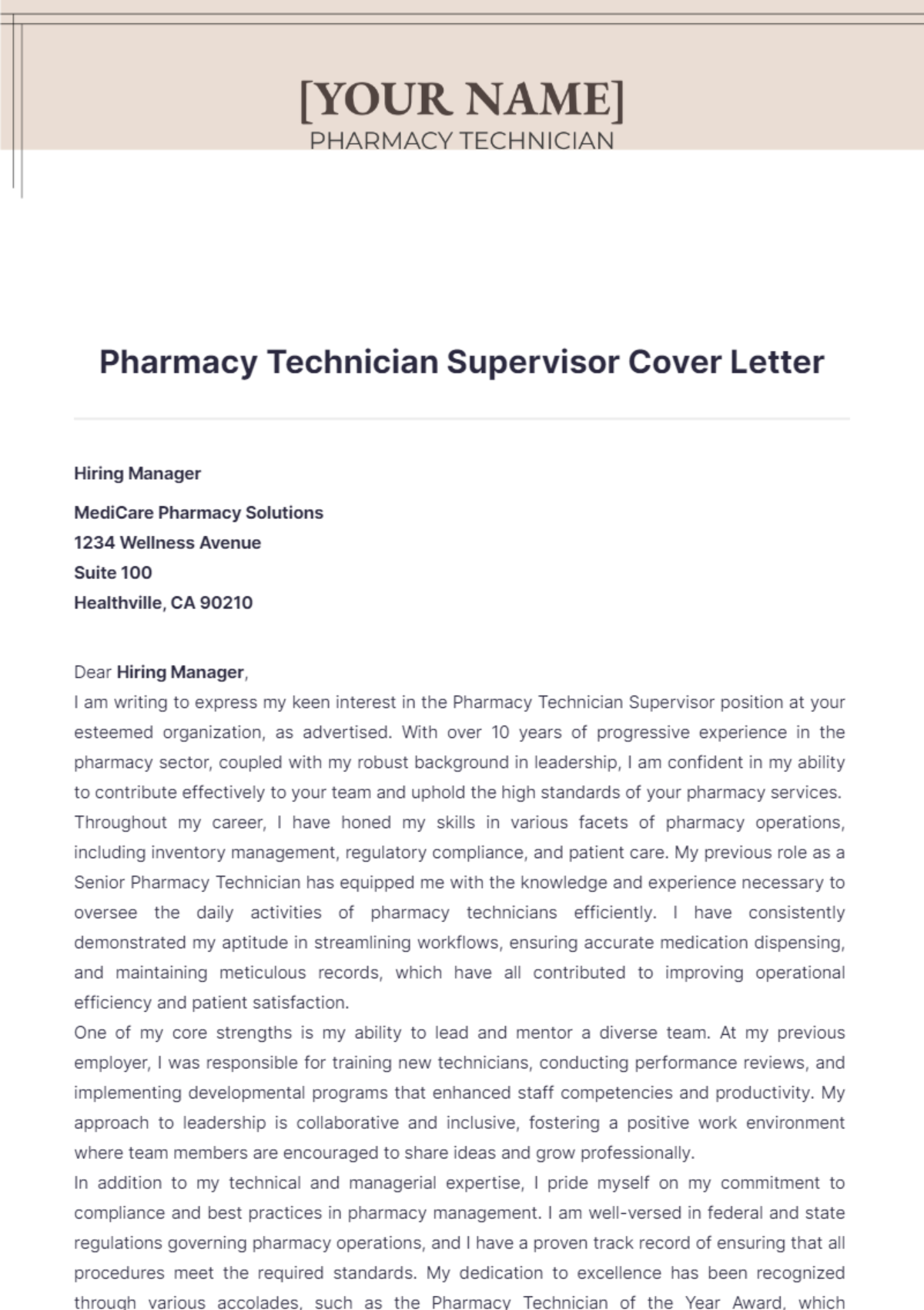 Pharmacy Technician Supervisor Cover Letter - Edit Online & Download