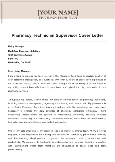 Free Pharmacy Technician Supervisor Cover Letter to Edit Online