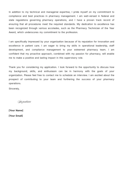 Free Pharmacy Technician Supervisor Cover Letter to Edit Online