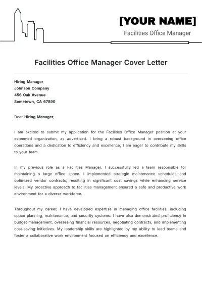 Free Facilities Office Manager Cover Letter to Edit Online