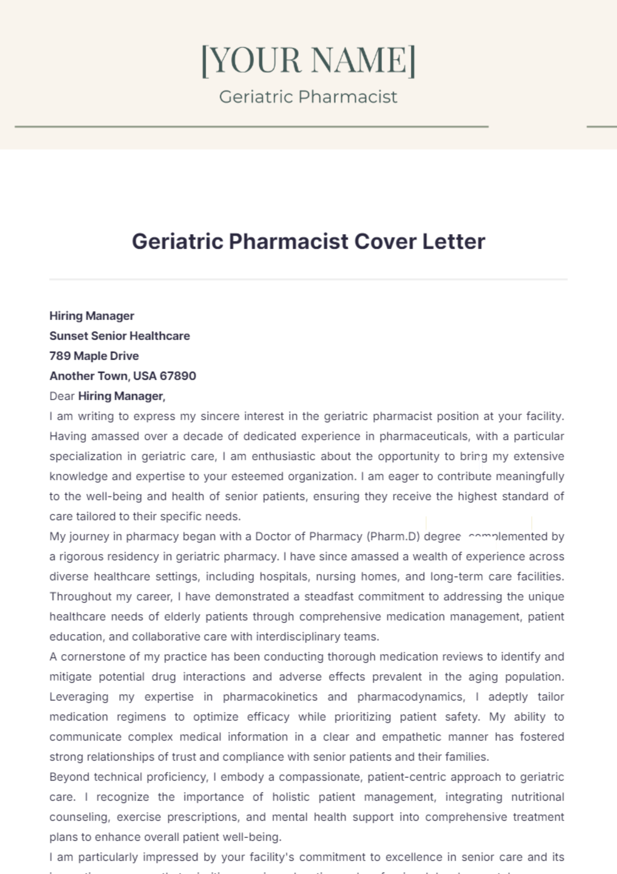 Geriatric Pharmacist Cover Letter - Edit Online & Download