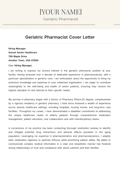 Free Geriatric Pharmacist Cover Letter to Edit Online