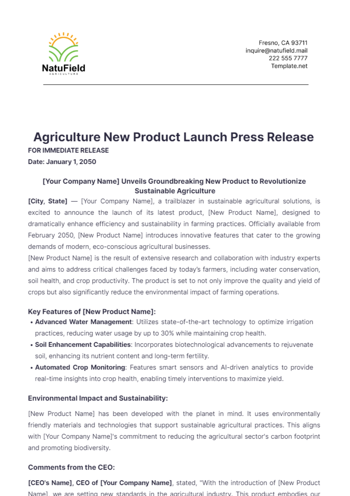 Agriculture New Product Launch Press Release Template - Edit Online & Download