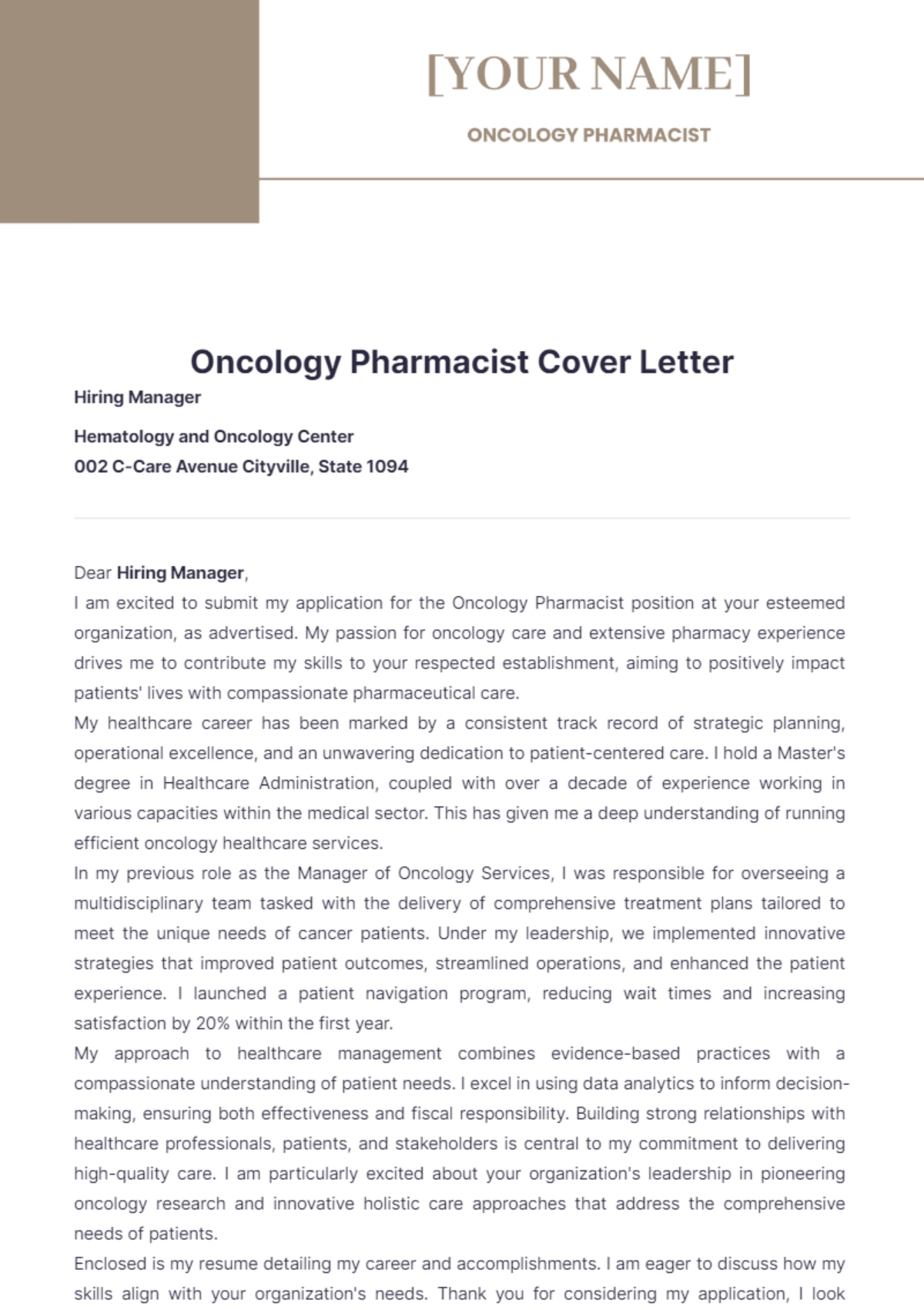 Oncology Pharmacist Cover Letter