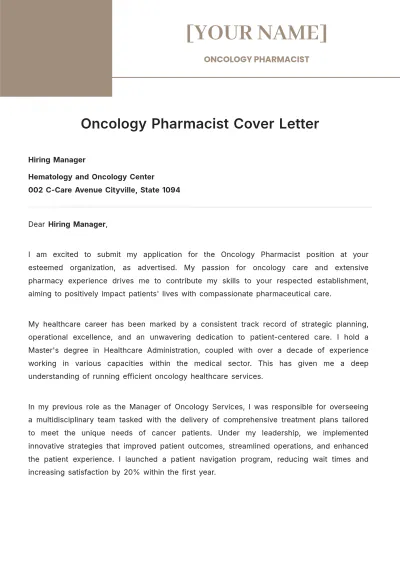 Free Oncology Pharmacist Cover Letter to Edit Online