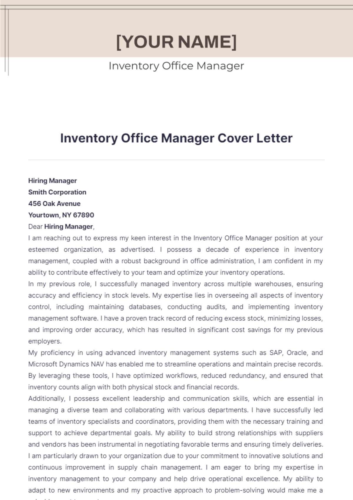 Free Inventory Office Manager Cover Letter Template