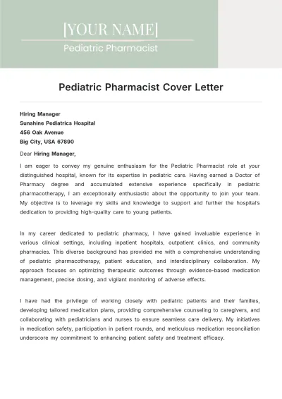Free Pediatric Pharmacist Cover Letter to Edit Online
