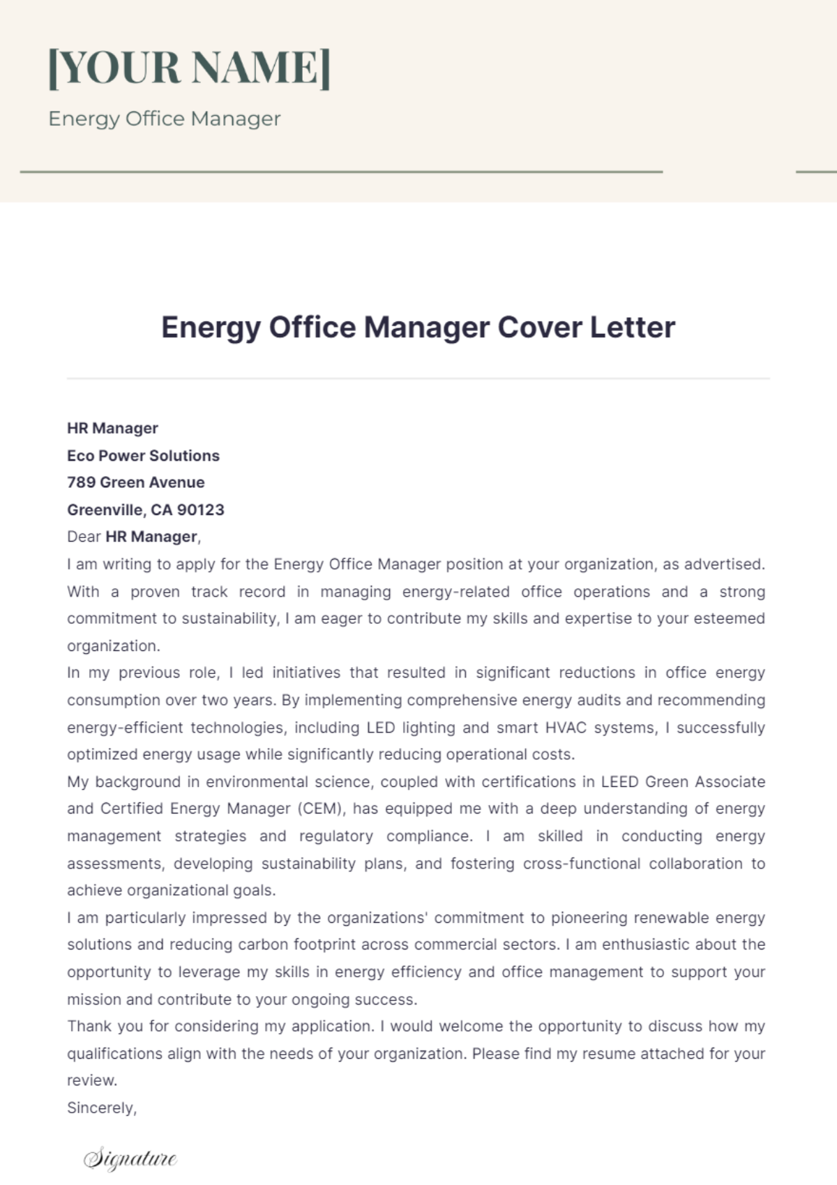 Energy Office Manager Cover Letter