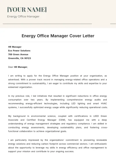 Free Energy Office Manager Cover Letter to Edit Online