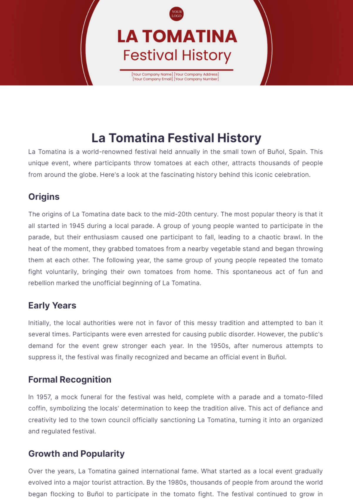 La Tomatina Festival History Template - Edit Online & Download