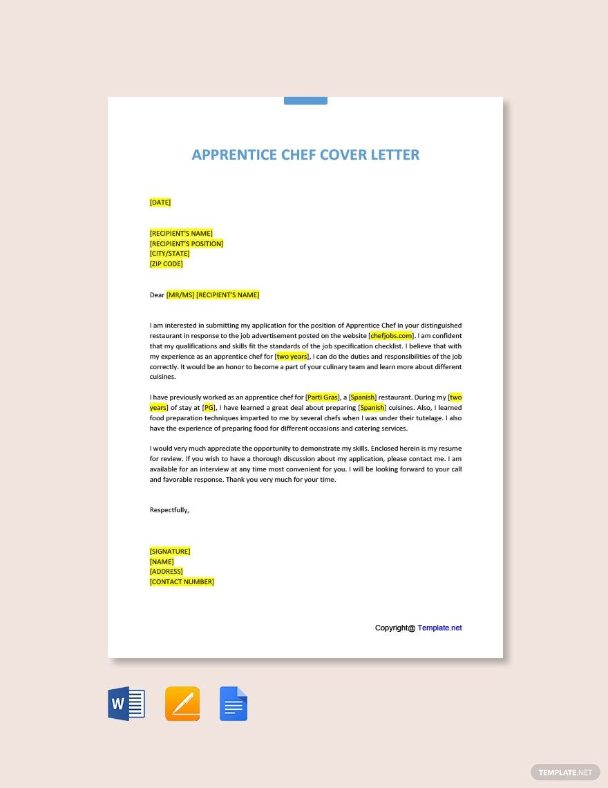 Apprentice Chef Cover Letter Template in Word, Google Docs, PDF, Apple Pages