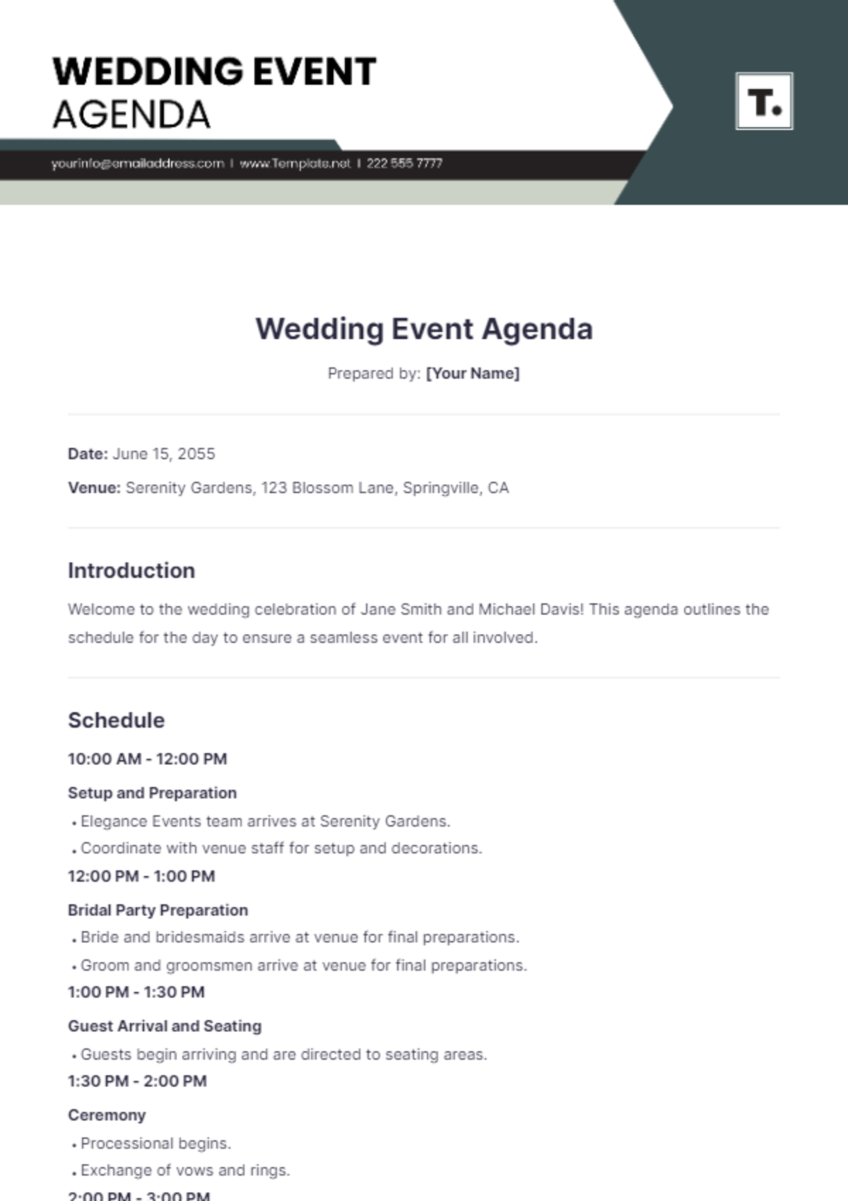 Wedding Event Agenda Template - Edit Online & Download