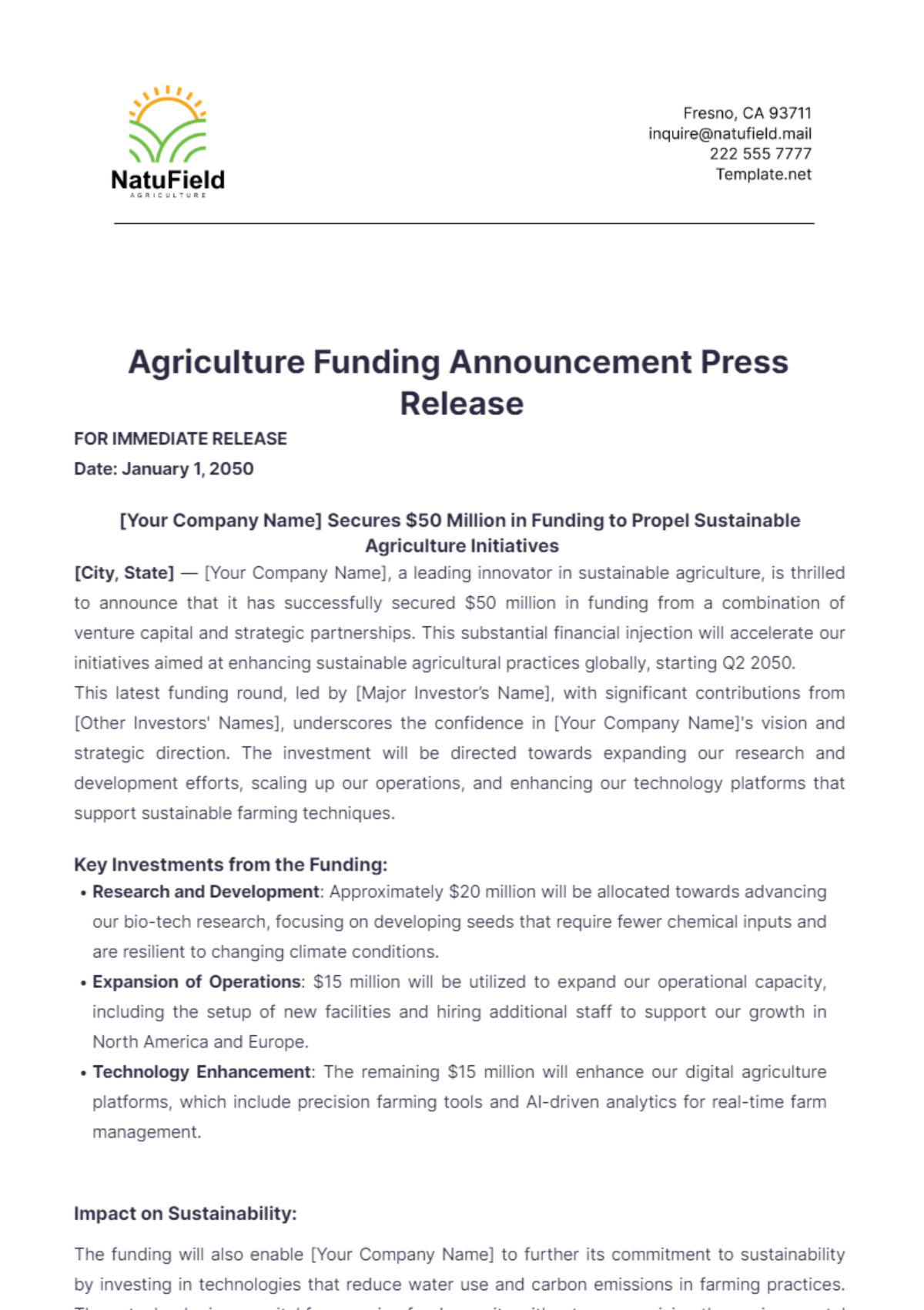 Free Agriculture Funding Announcement Press Release Template