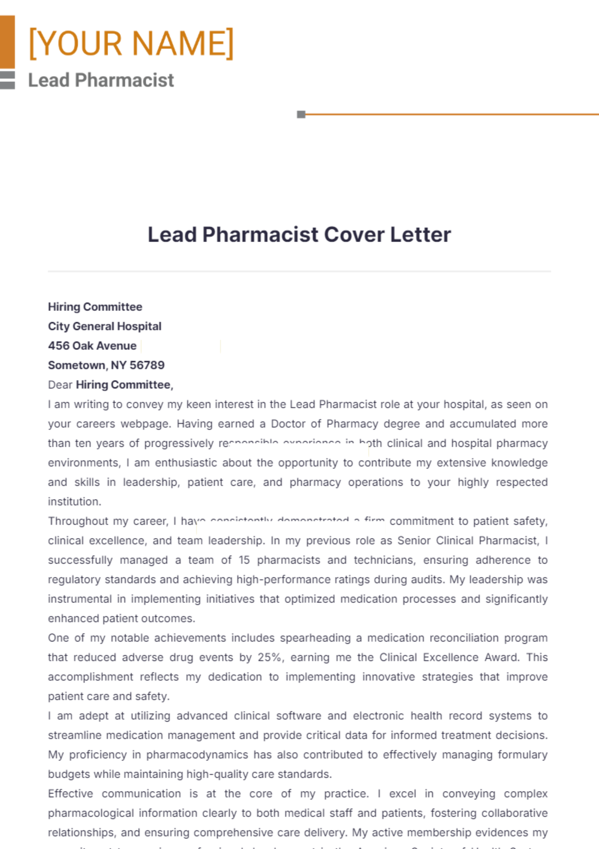 Lead Pharmacist Cover Letter