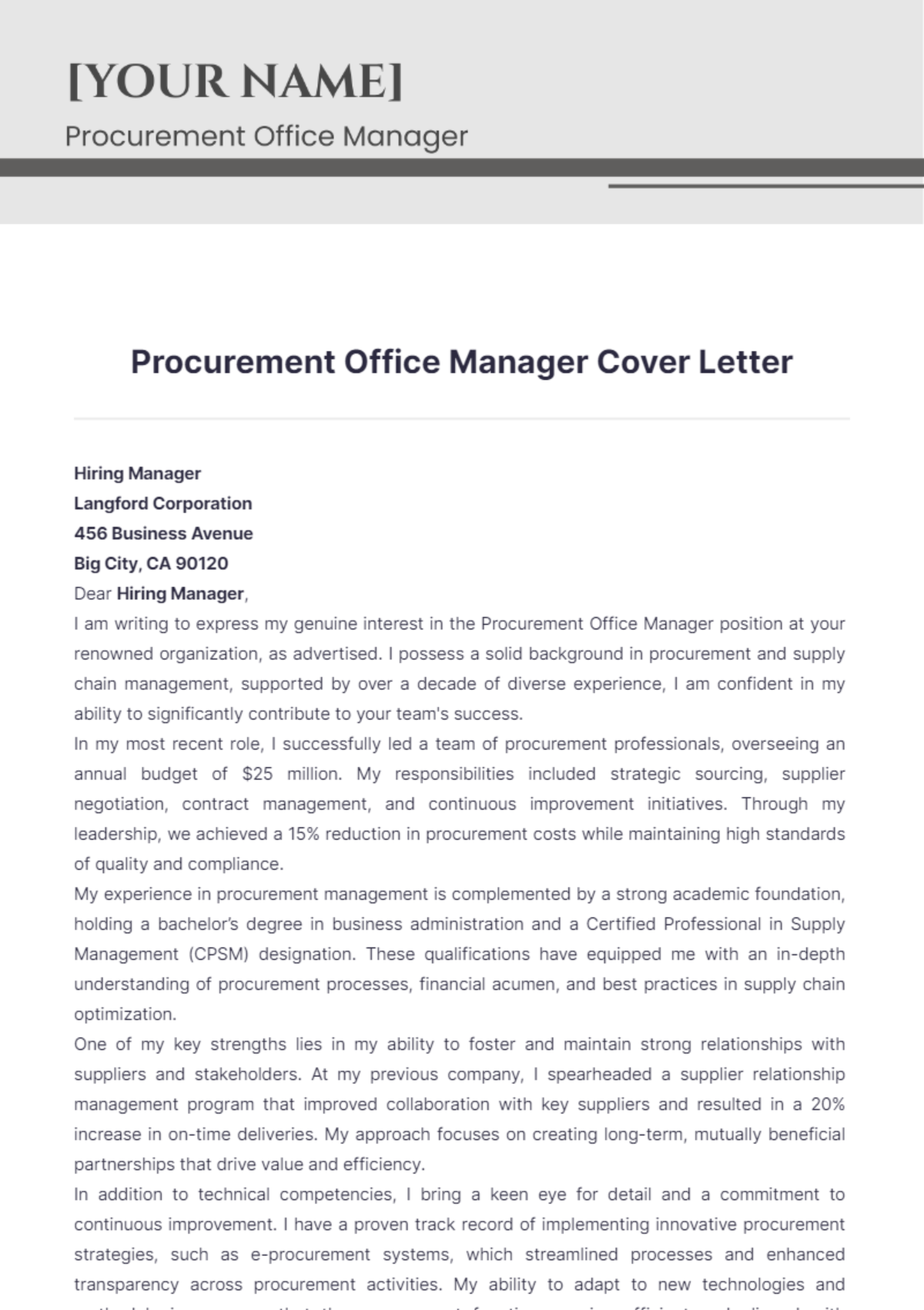 Procurement Office Manager Cover Letter - Edit Online & Download