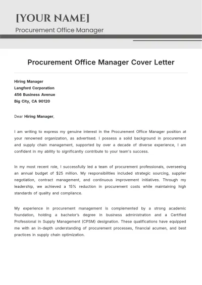 Free Procurement Office Manager Cover Letter to Edit Online