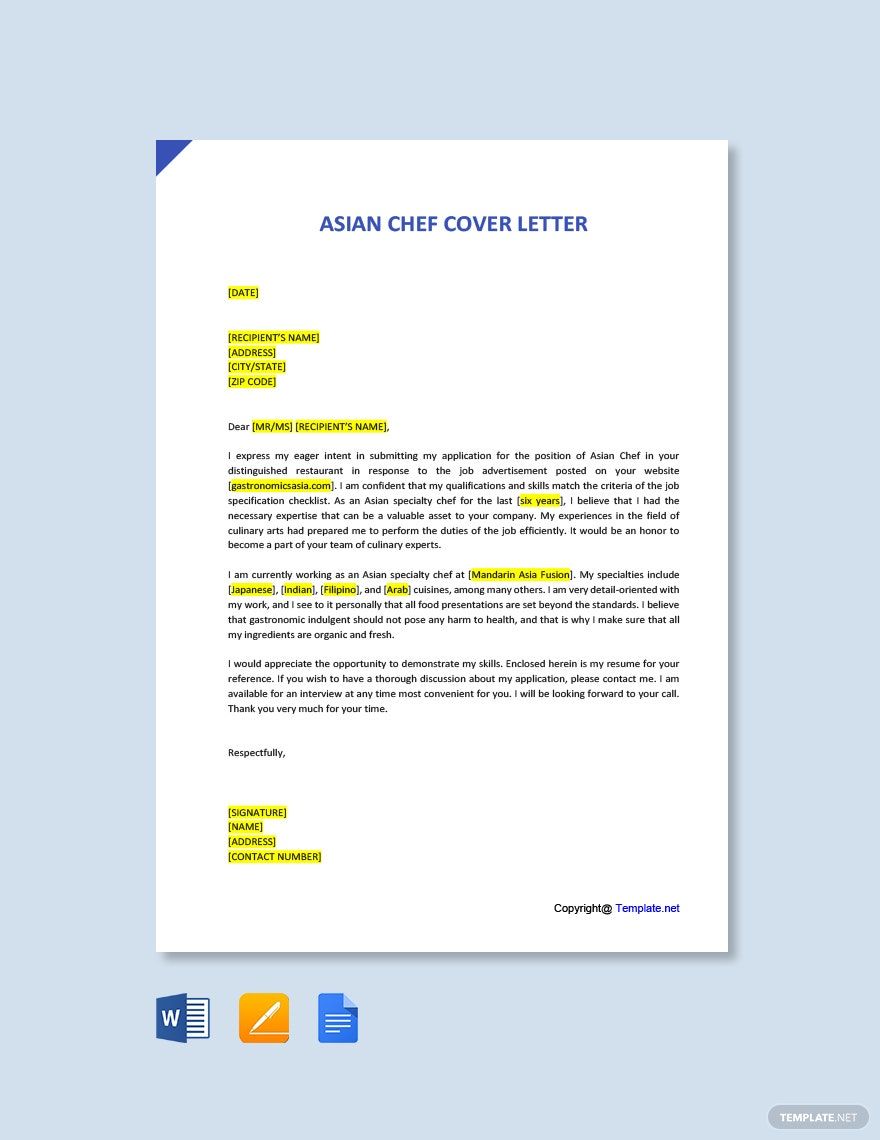 Asian Chef Cover Letter Template in Word, Google Docs, Pages, PDF - Download | Template.net