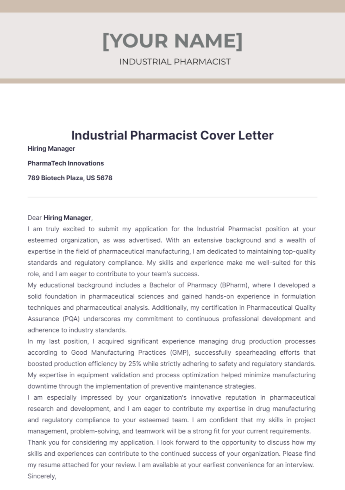 Industrial Pharmacist Cover Letter