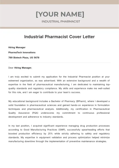 Free Industrial Pharmacist Cover Letter to Edit Online
