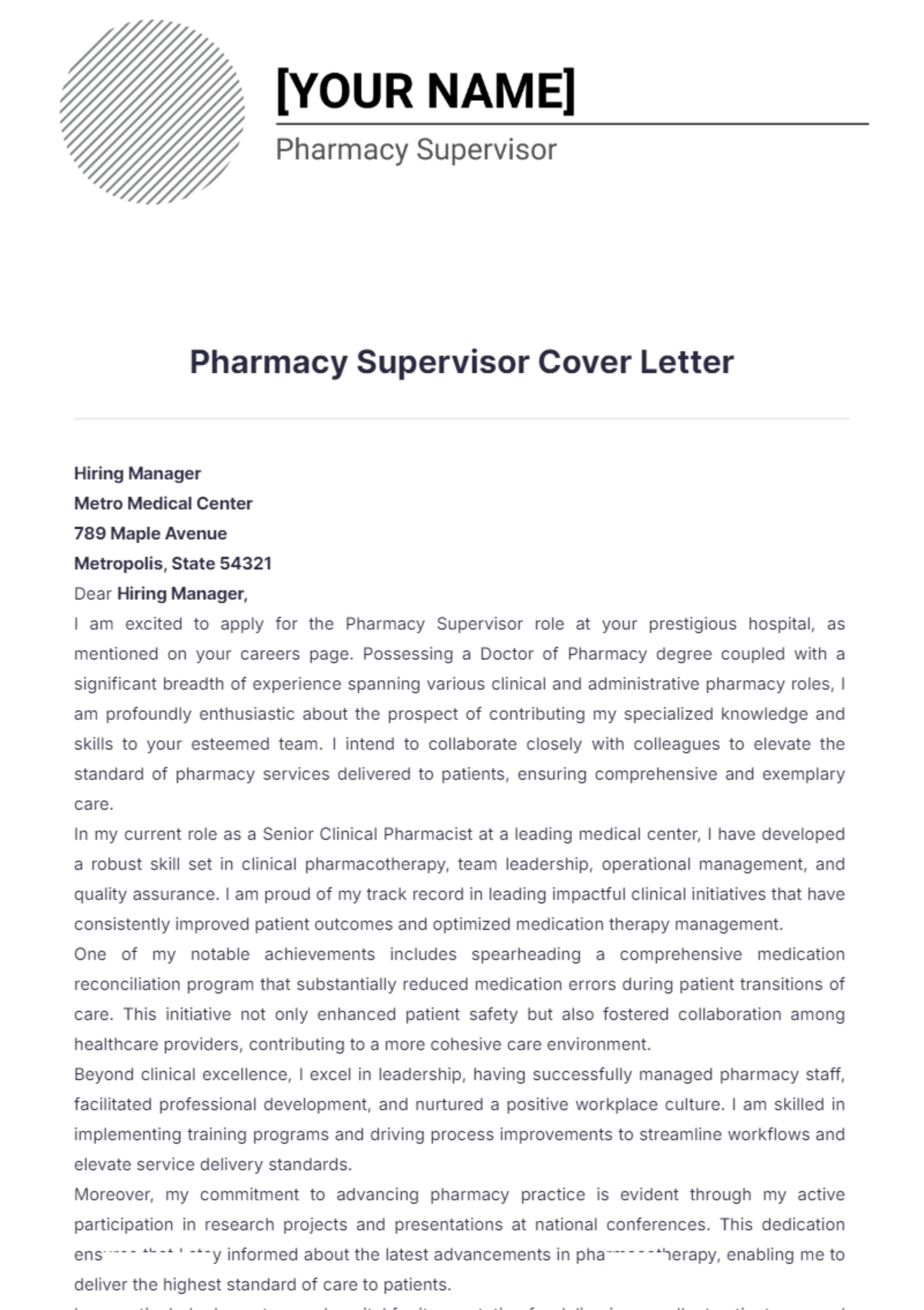 Pharmacy Supervisor Cover Letter