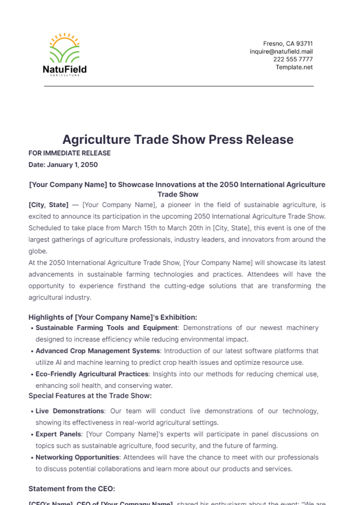 Agriculture Trade Show Press Release Template - Edit Online & Download