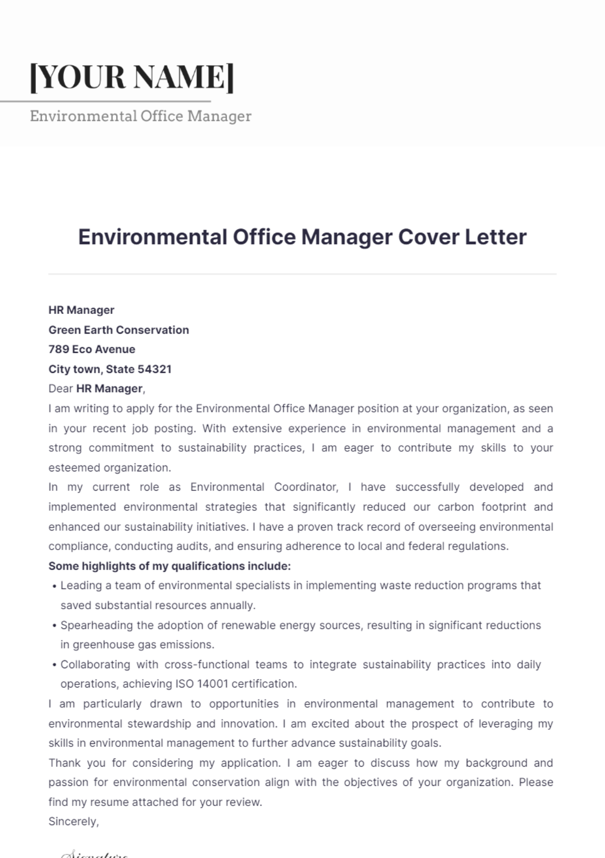 Environmental Office Manager Cover Letter