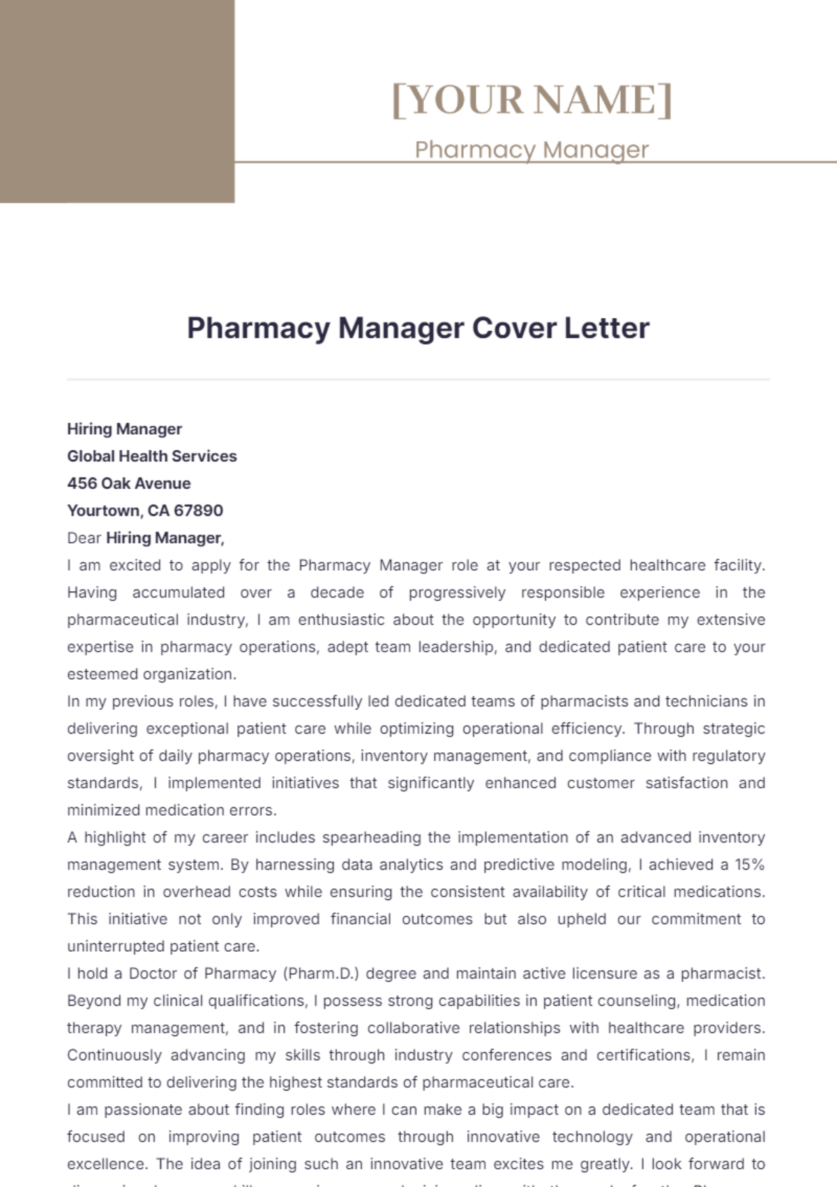 Pharmacy Manager Cover Letter