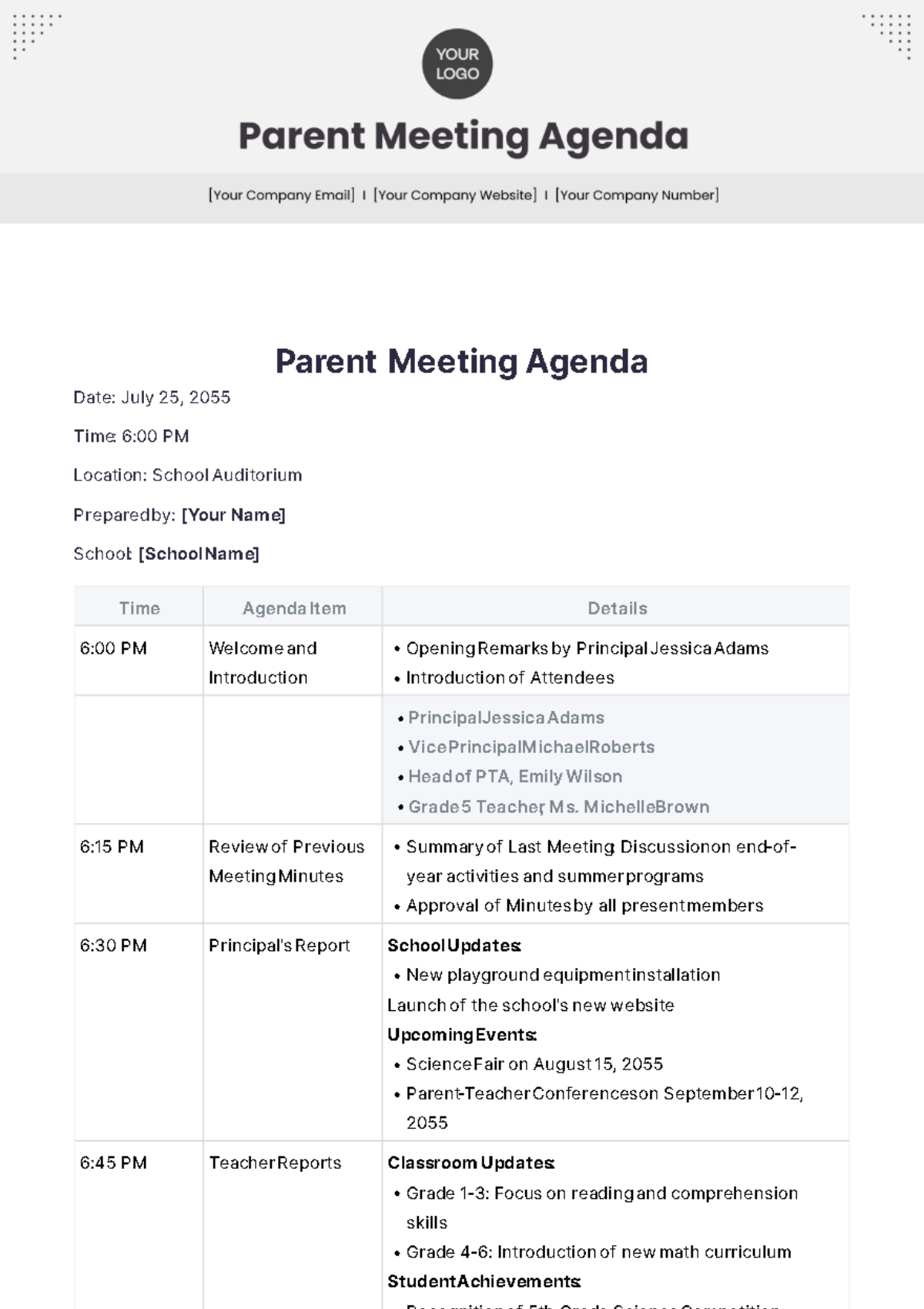 Parent Meeting Agenda Template - Edit Online & Download