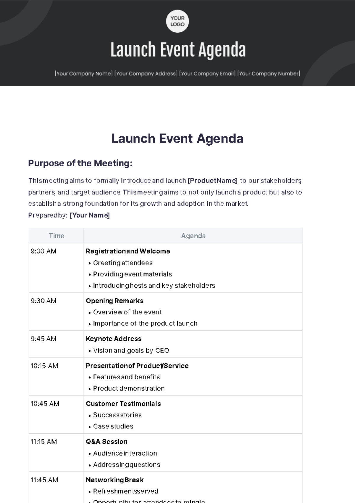 Launch Event Agenda Template - Edit Online & Download