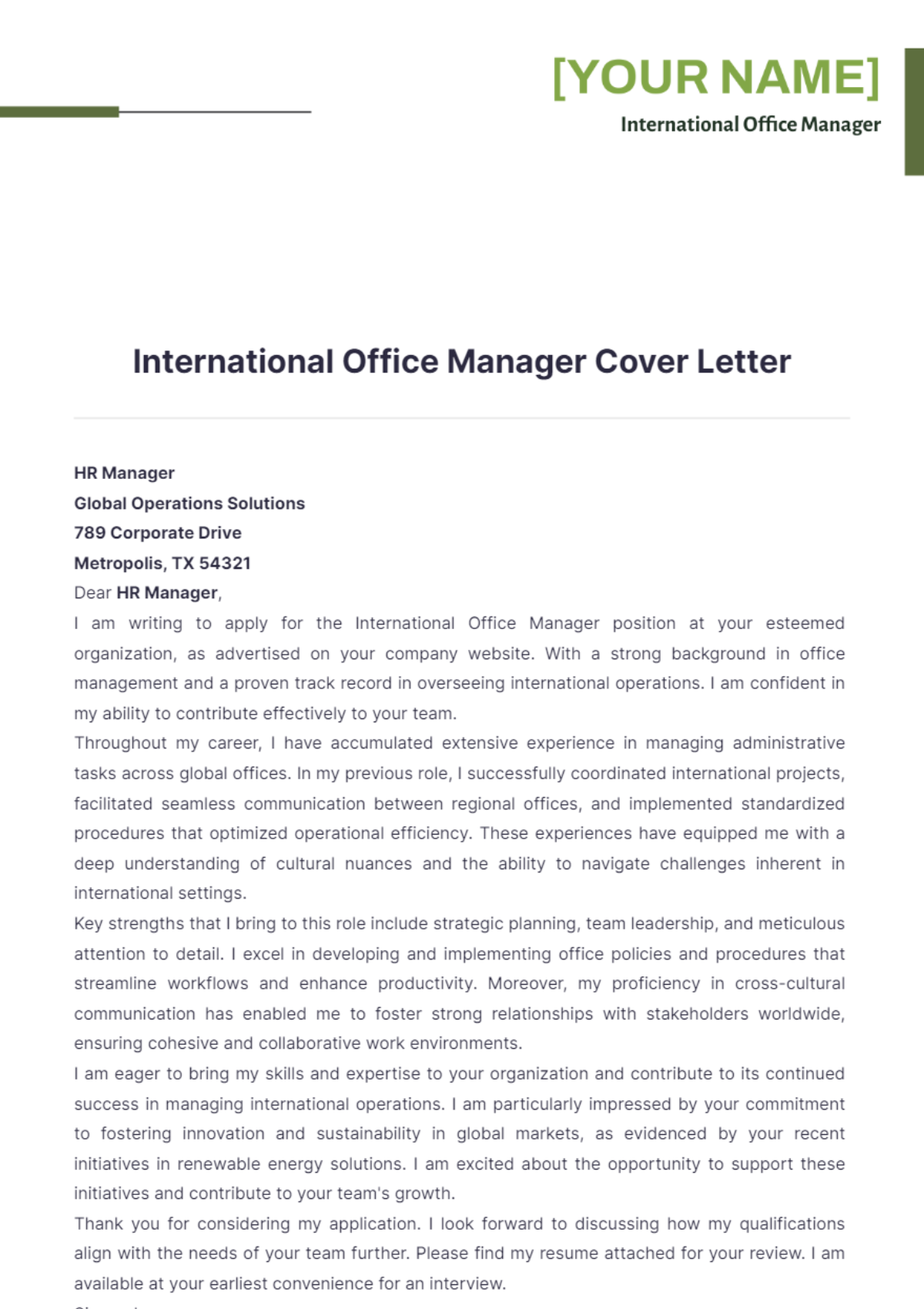 International Office Manager Cover Letter - Edit Online & Download